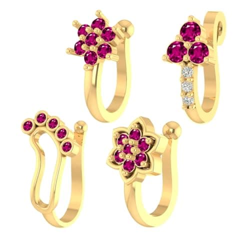 VAMA FASHIONS Gold Plated Ruby Stone Clip On Nose Ring Non Piercing Press on Nosepin Combo for Women - Set of 4 (Pressing Nose Pin)