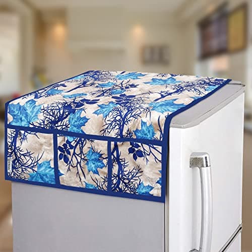 E-Retailer® Polyester 3-Layered Fridge Top Cover/Refrigerator Cover With 6 Utility Pockets (Color-Blue, Size-39x21 Inches)