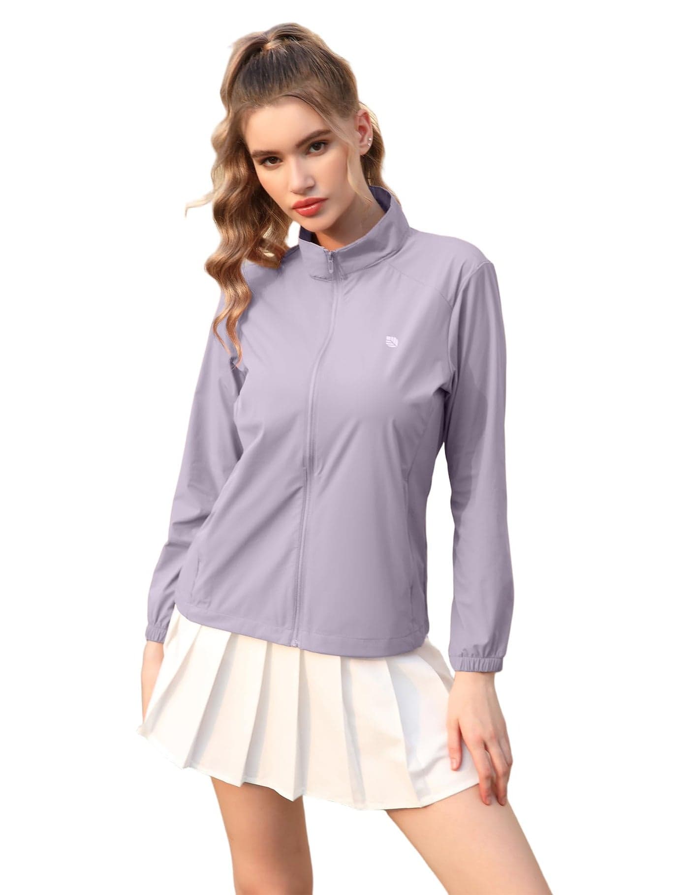 Venzina Women's Sunscreen Jacket, UPF 50+ Sun Jacket for Women, Long Sleeve Slim Fit Quick-Dry 4-Way Stretch Stand Collar with Breathable Mesh for Travel, Hiking, LightPurple-M