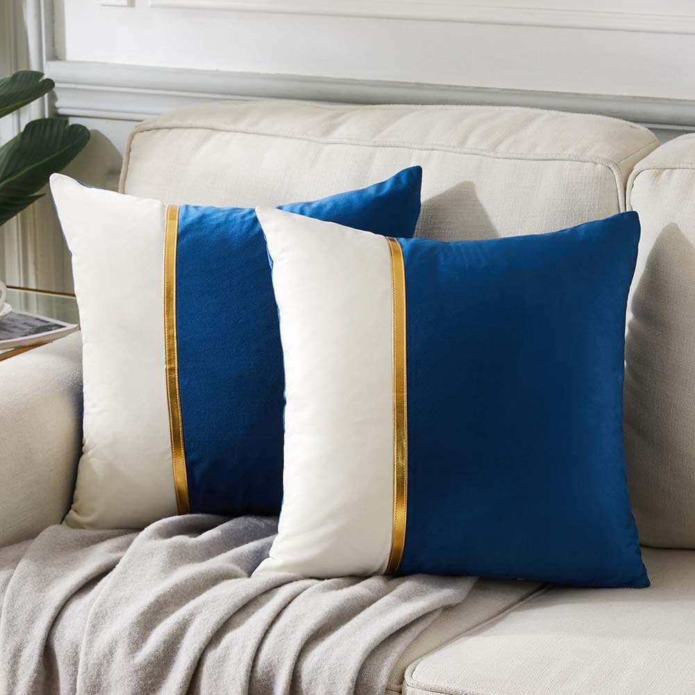 Fancy Homi 2 Packs Decorative Throw Pillow Covers 18x18 Inch for Living Room Couch Bed Navy Blue and White Velvet Patchwork with Gold Leather Luxury Modern Home Decor Accent Cushion Case 45x45 cm