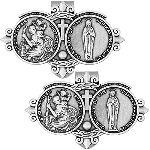 St Christopher Medal for Car St Christopher Catholic Visor Clip for Car Our Lady of The Highway Visor Clip Silver Car Driver Visor Clips Saint Christoper Clips for Cars Driving Decorations2 Pieces