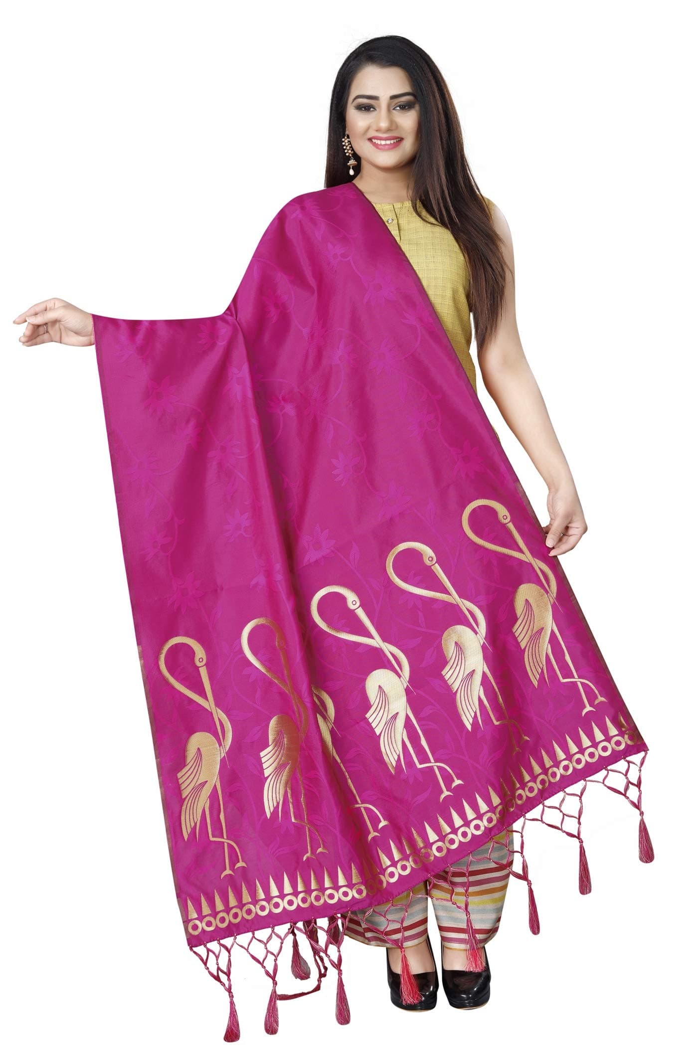 SWORNOF Women's Banarasi Silk Fashion Scarf (dupata27_Pink_Free Size)