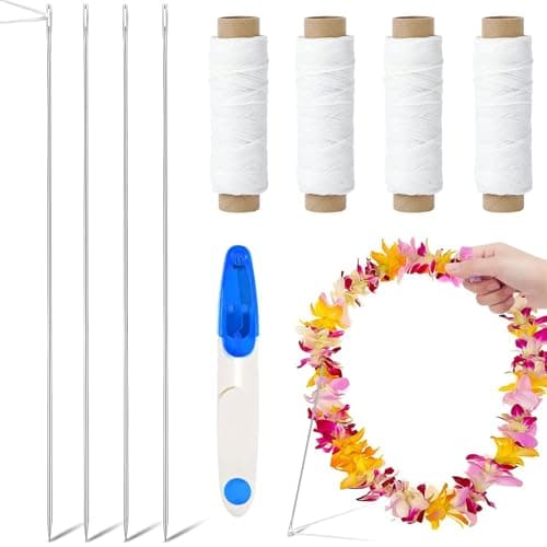 Kaiolbly 9 Pcs Lei Needle Kit 4 Pcs 14 Inch Stainless Steel Long Lei Needle to Make Hawaiian Leis 4 Lei String 1 Sewing Scissors Lei Making Kit for DIY Graduation Hawaiian Flower Lei Wreath Accessory