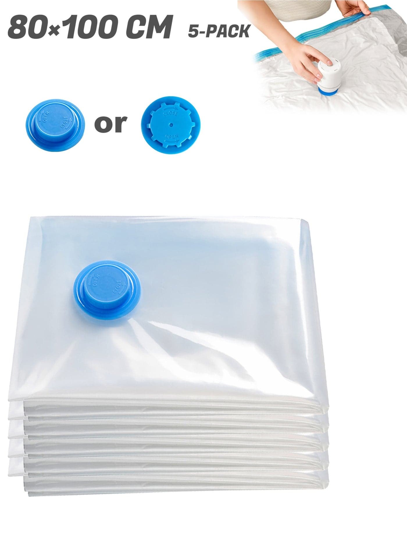 5Pcs Premium Vacuum Storage Bags, Reusable Space Saver Bags for Clothes, Blanket, Duvets, Pillows, Travel, 80x100cm