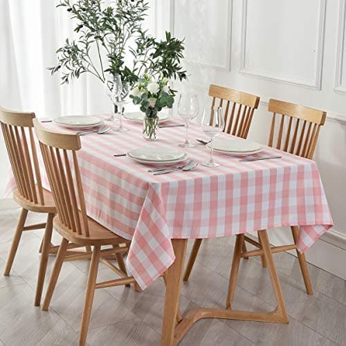 maxmill Checkered Rectangular Tablecloth Water Resistance Antiwrinkle Spillproof Heavy Weight Soft Gingham Plaid Table Cloth for Buffet Banquet Parties Holiday Dinner 60 x 104 Inch Pink and White
