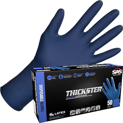 SAS Thickster Powdered Latex Disposable Gloves - 1 Box / 50 Gloves Total. 14 Mil, X-Large, Blue. Fully Textured. 12" Length. Puncture Resistant | 6604