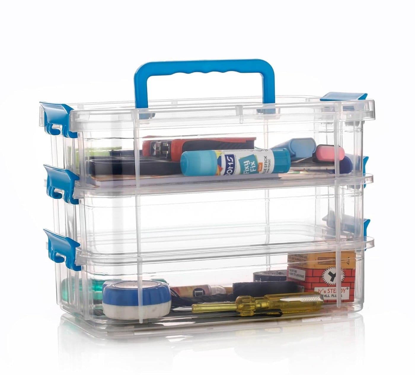 Golden bird plastic boxes for Storage transparent, Space Saving Organiser with Lid Portable & Stackable for Jewelry, Beads, Crochet, Sewing, Scrapbooking DIY Craft (3 tier, Blue)
