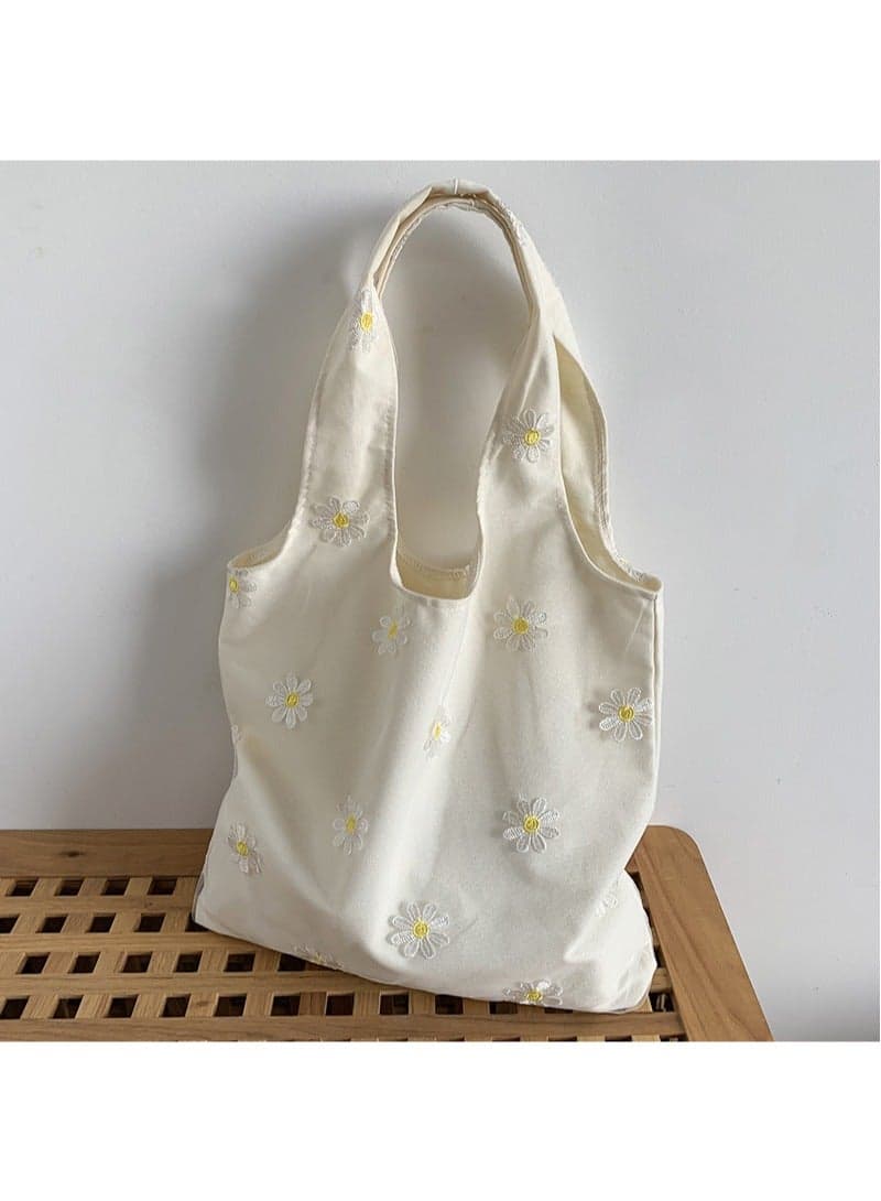 Women's Shoulder Tote Bag Canvas Handbag For Women Large Capacity Bucket Bag Fashionable Travel Messenger Shoulder Bag for Ladies Girls College Students White flower
