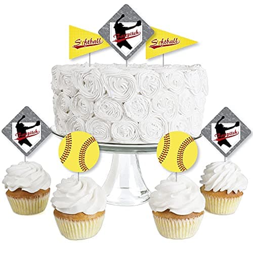 Big Dot of Happiness Grand Slam Fastpitch Softball Dessert Cupcake Toppers Birthday Party or Baby Shower Clear Treat Picks Set of 24