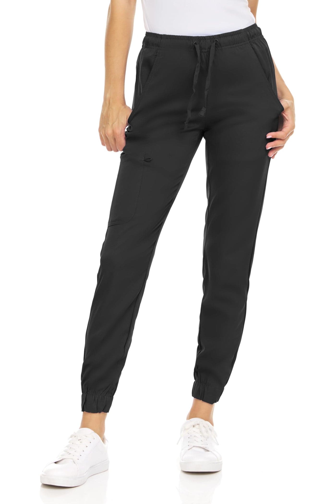 MediChic Womens Scrub Joggers 4-Way Stretch Anti-Wrinkle Moisture-Wicking Elastic Waistband Four Pocket Scrubs Jogger Pants, Black, L
