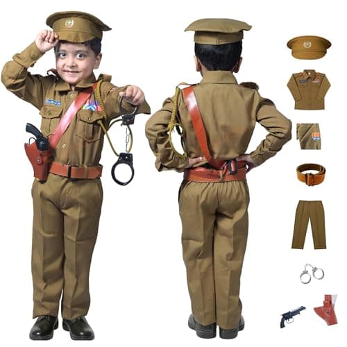 Sarvda Police Dress For Kids | Khaki Costume With Shirt, Pant, Cap, Belt, Handcuff, Battle Toy With Holster | Community‑Helper Fancy Dress For Boys & Girls | Ideal For Independence Day Republic Day