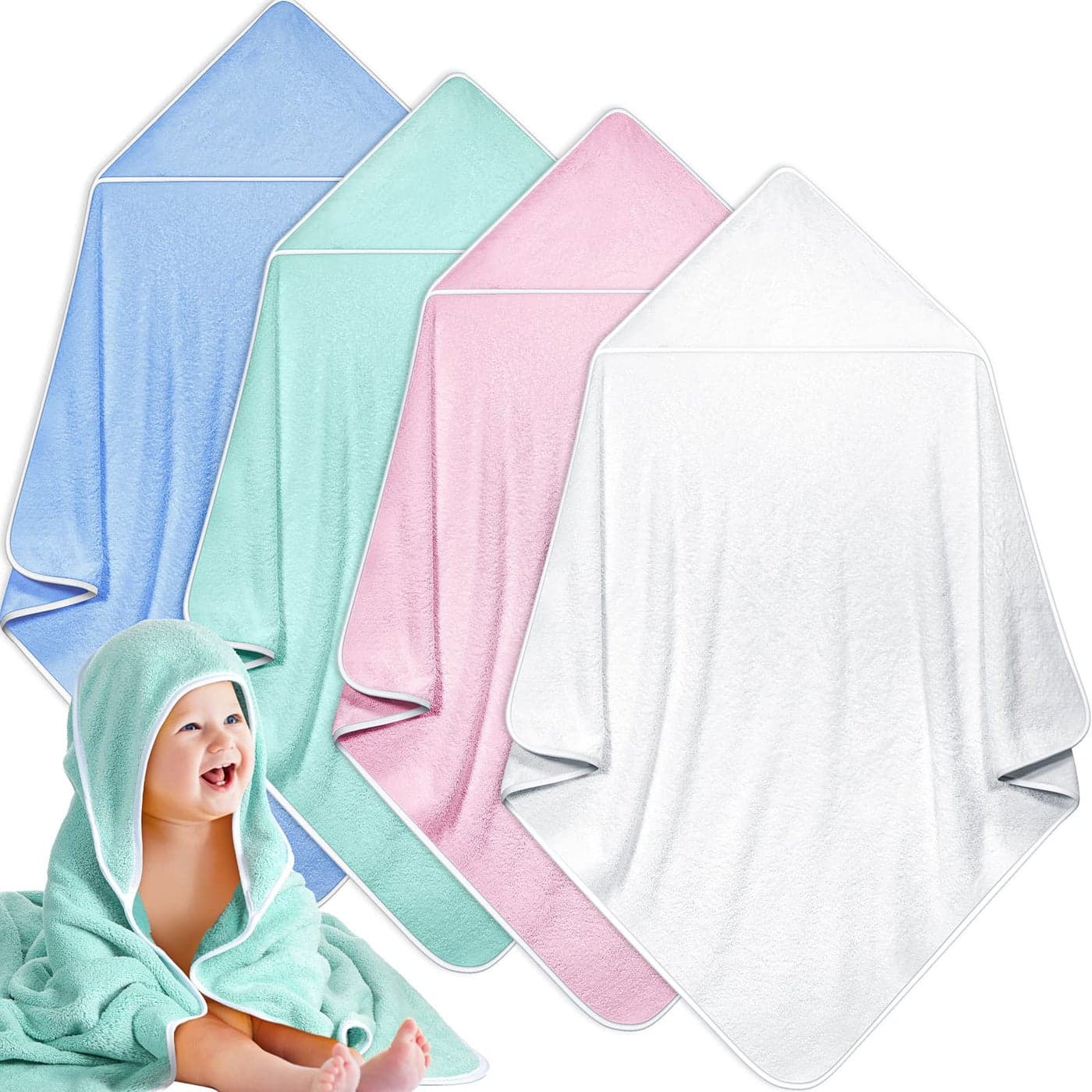 Reginary 4 Pack Baby Hooded Towels Coral Fleece Baby Bath Towels 30 x 30 Inch Soft Absorbent Hooded Bath Blanket for Newborn Toddler Infant Boy Girl Shower Gift Supplies White Pink Green Blue