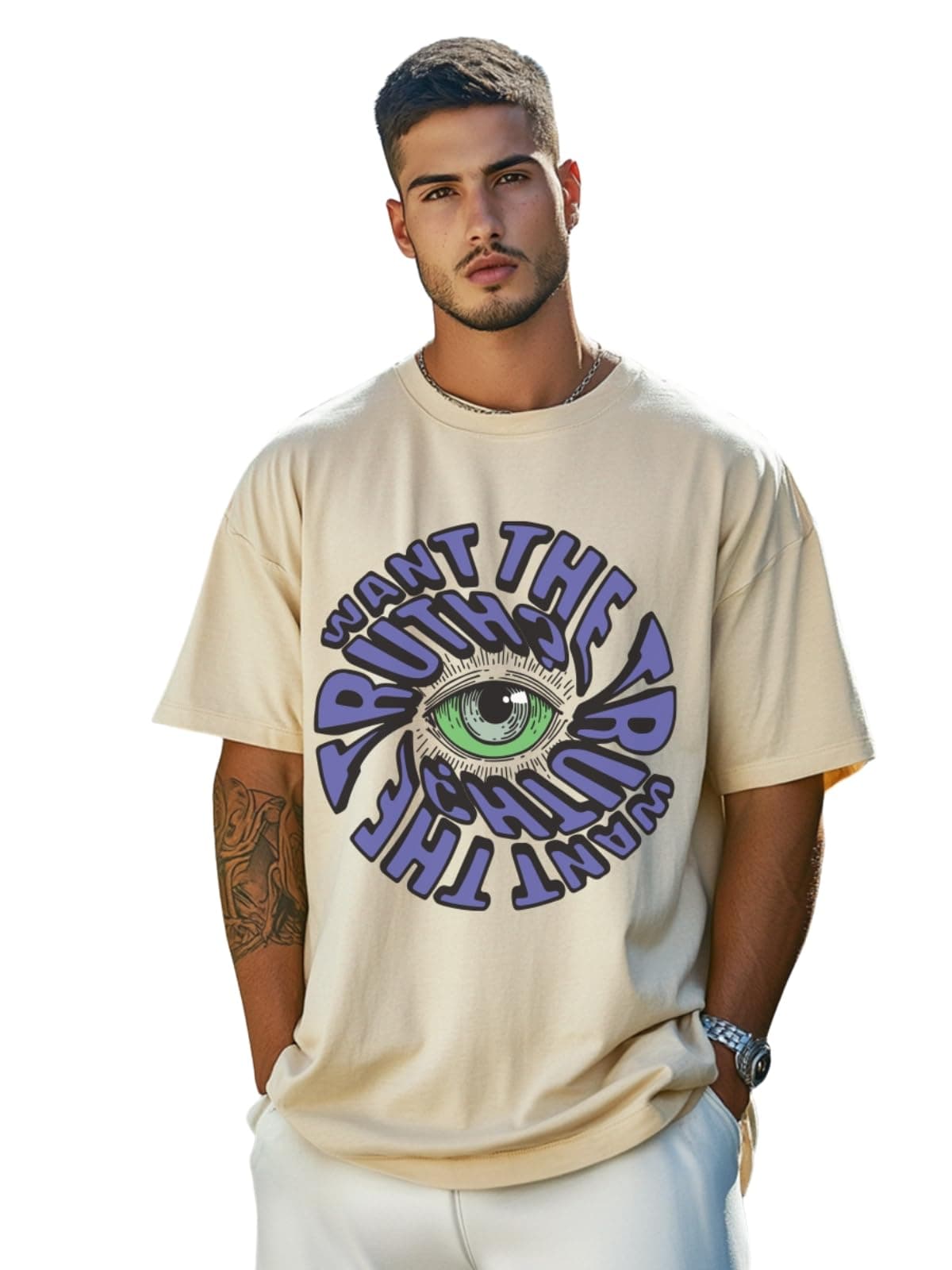 Veirdo White Oversized Cotton Crew Neck T-Shirt with Chest Print for Men