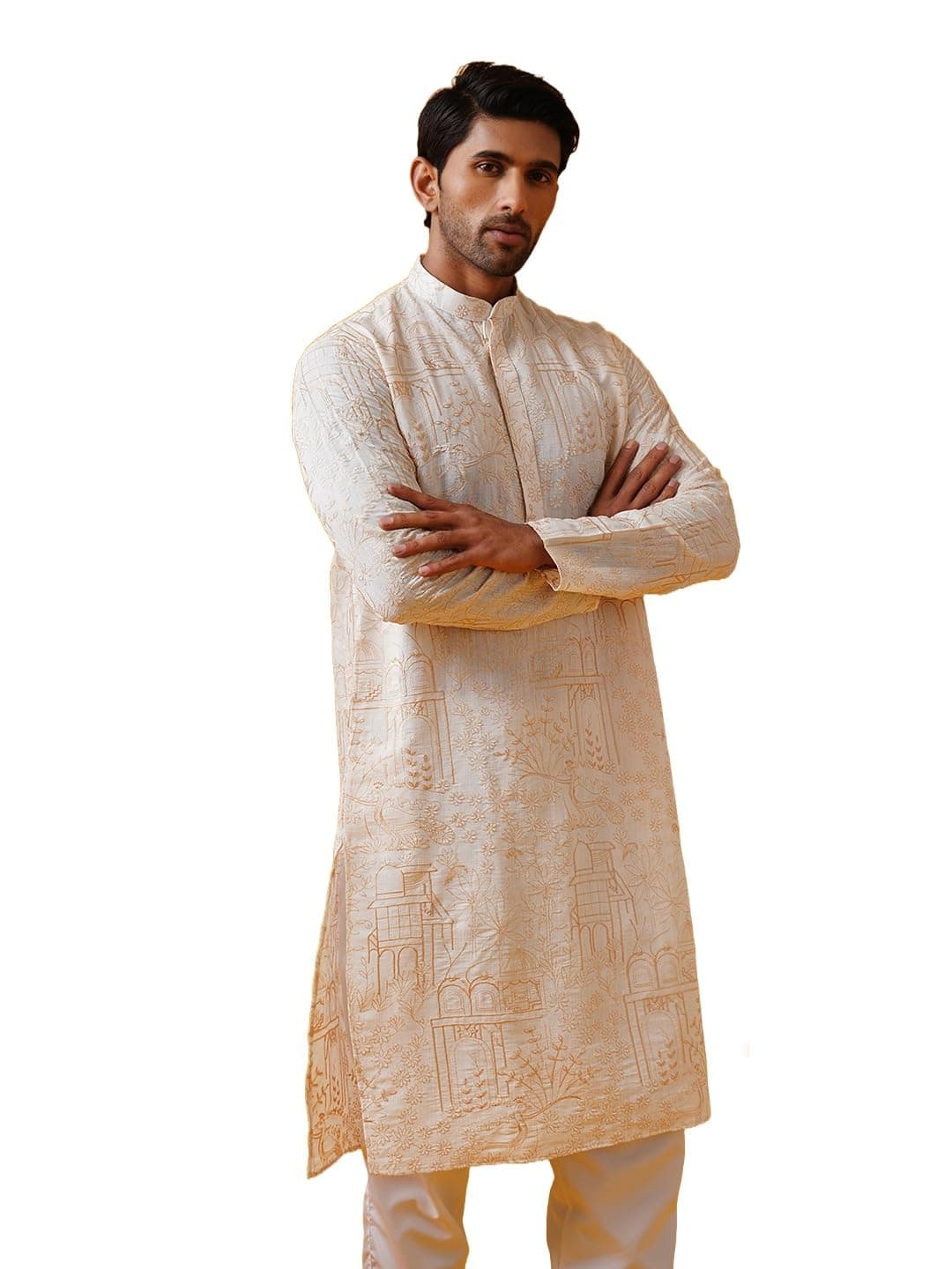 SOJANYA (Since 1958 Men's Cotton Silk Kantha Thread Embroidered Cream Long Kurta