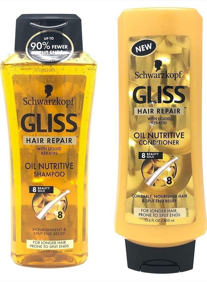 Gliss Hair Repair - Oil Nutritive for Hair Prone to Split Ends - Shampoo & Conditioner Set - Net Wt. 13.6 FL OZ (400 mL) Per Bottle - One Set