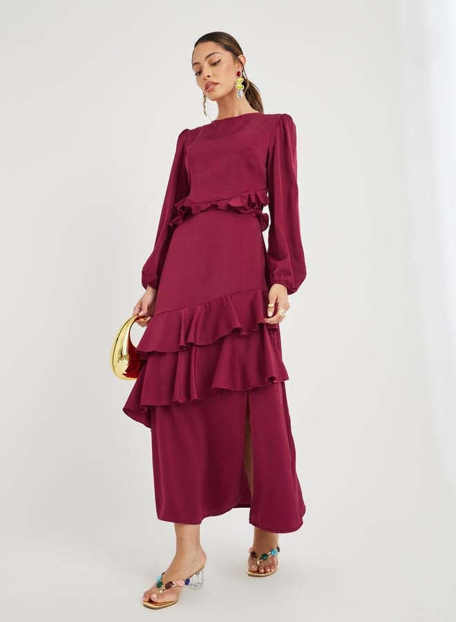 Ruffle Detail Balloon Sleeves A-Line Maxi Dress