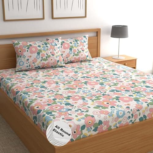 DECOMIZER 300 TC Cotton Feel Glace Cotton Elastic Fitted Printed Queen Size Double Bed Bedsheet with 2 Pillow Cover Fits Upto 8 inches Mattress,Size- 60x78x10 Inches,Pink Flower