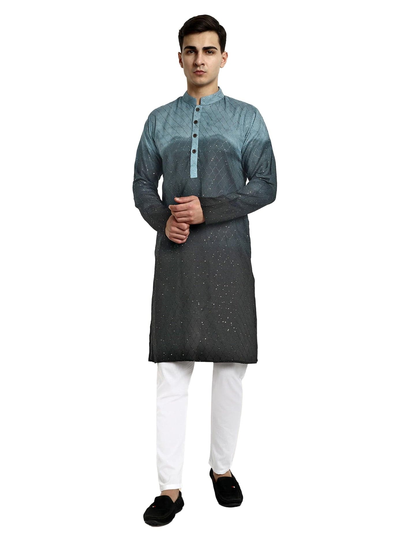 Vardha Men's Cotton Chikankari Embroidered Kurta with Full Sleeves and Knee Length Design and Elegant Sequence Work | Kurta for Men