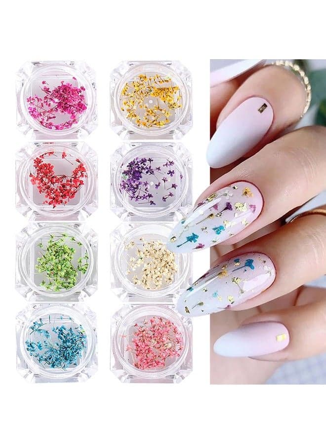 8 Boxes Dried Flowers for Nails Mini Real Nail Flowers 3D Dried Flowers Nail Stickers Nail Decor Manicure Design Nail Decorations for Makeup DIY Craft Accessories