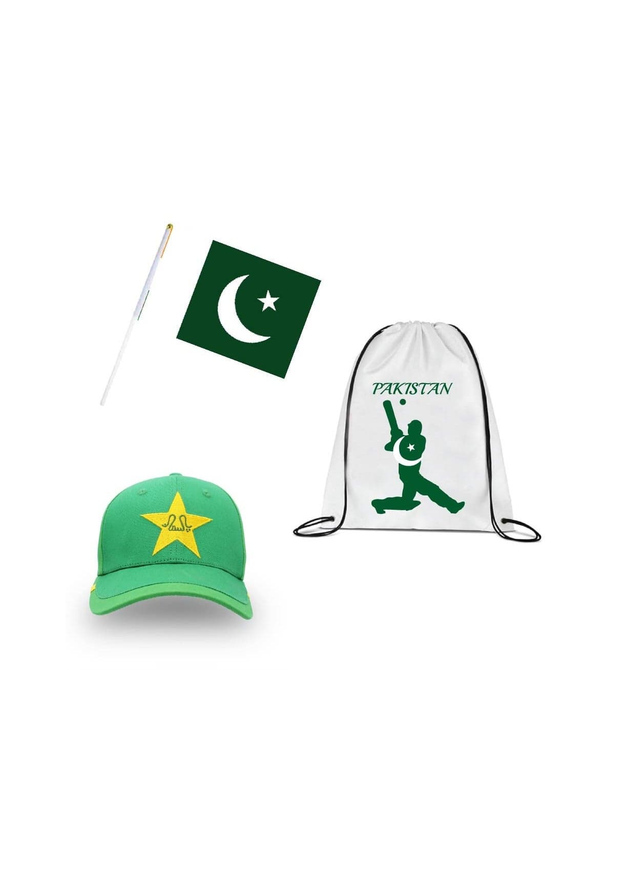 Pakistan Cricket Sports Fans Set - Pack of 3 Combo - Embroidered Cap, Drawstring Bag, and Hand Flag - Ideal for Matches, Events, and Everyday Use - Perfect for Sports Fans