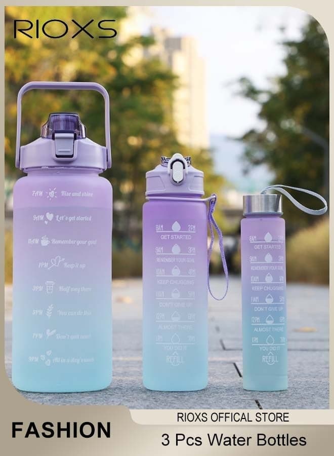 Water Bottles with Straw, 3-Piece, 2000/900/500ml – Motivational Time Markings, Leak-Proof, BPA-Free