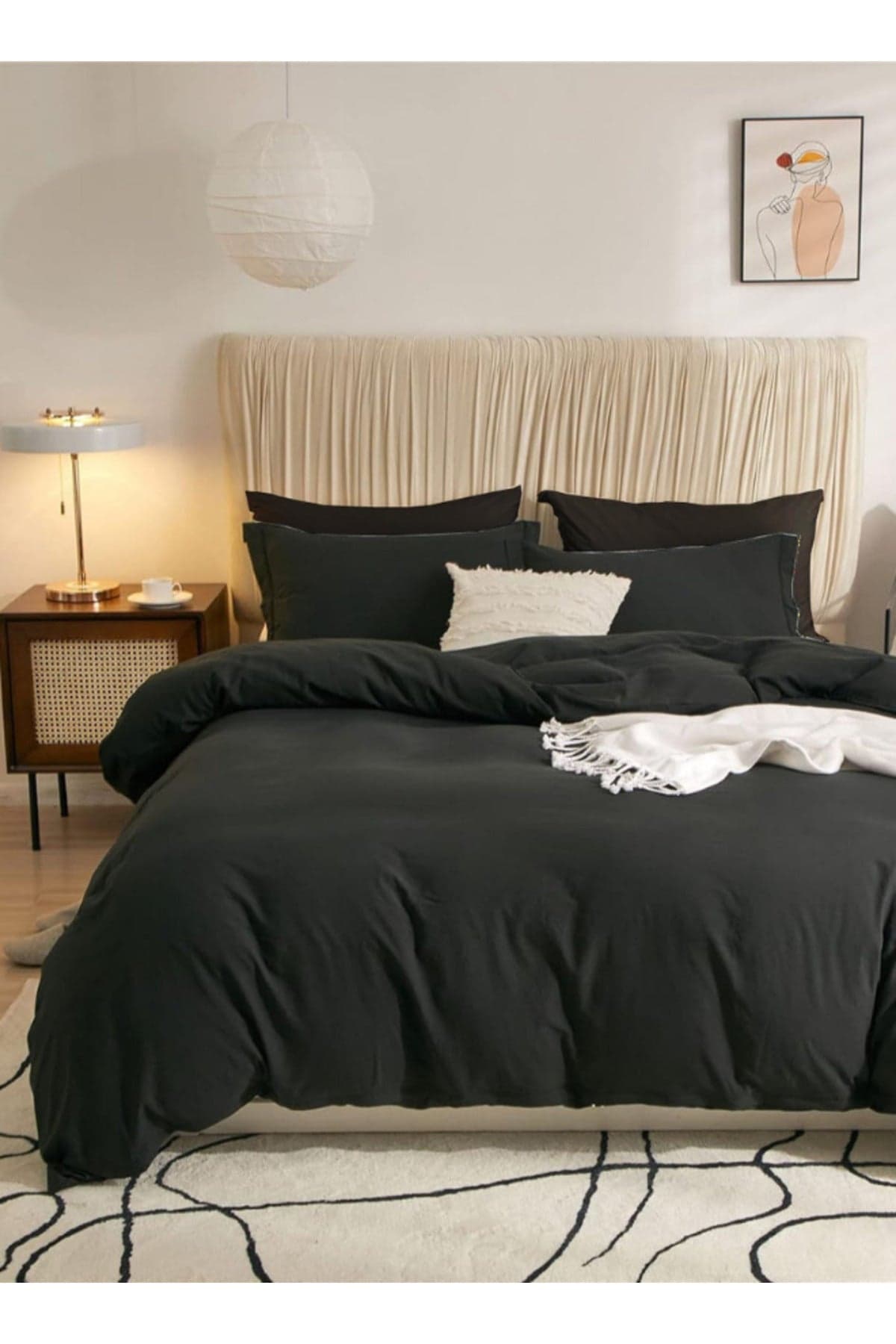 Single Size 4 Pieces Bedding Set Washable Cotton Black 160x210cm.
