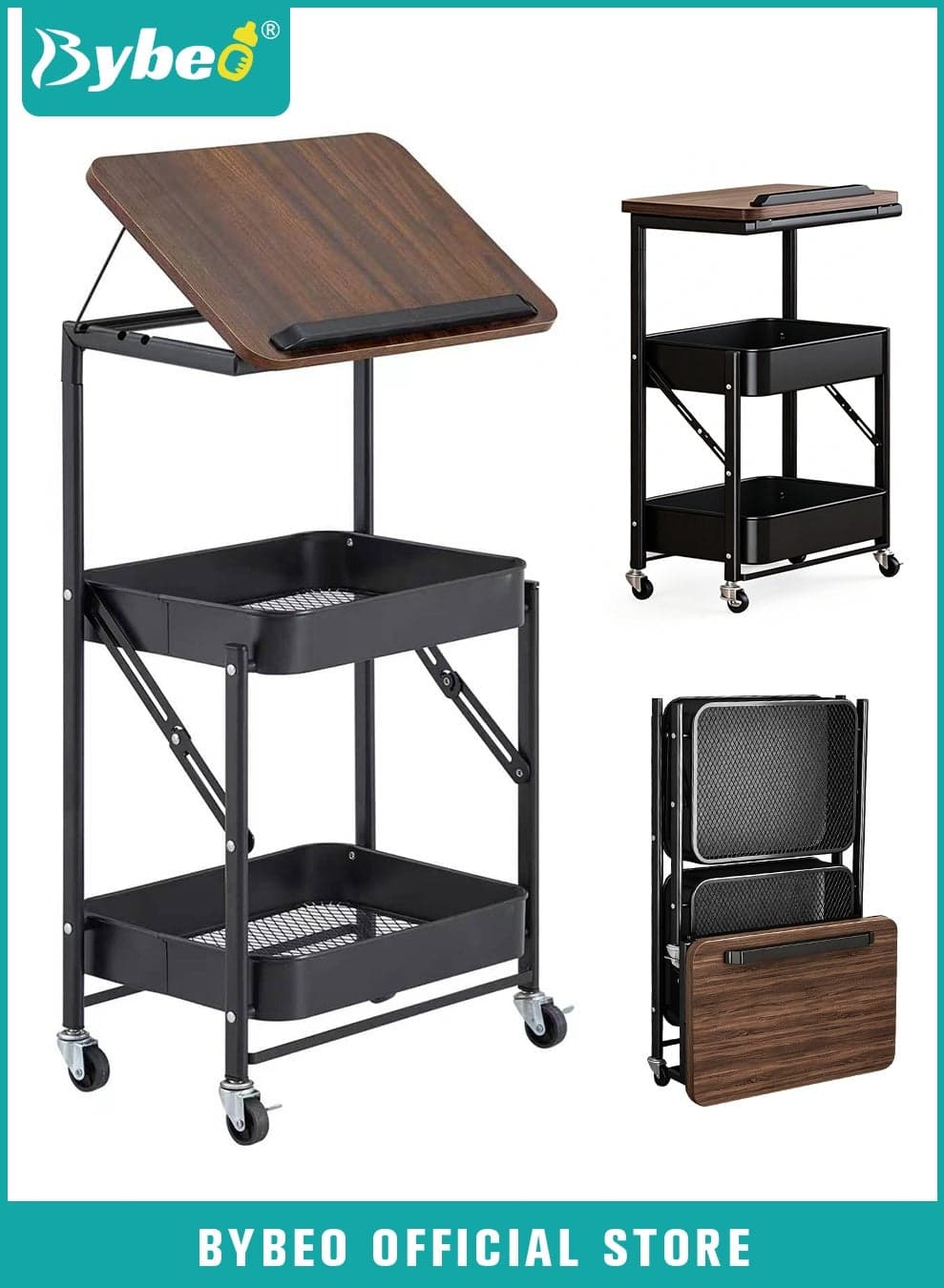 2-in-1 Side Table&Storage Trolley, 3-Tier Utility Rolling Cart with Height Adjustable Wooden Tabletop, Foldable Metal Rolling Trolley Cart, Multifunctional End Table Organizer for Living Room, Bedroom, Kitchen, Bathroom, Office