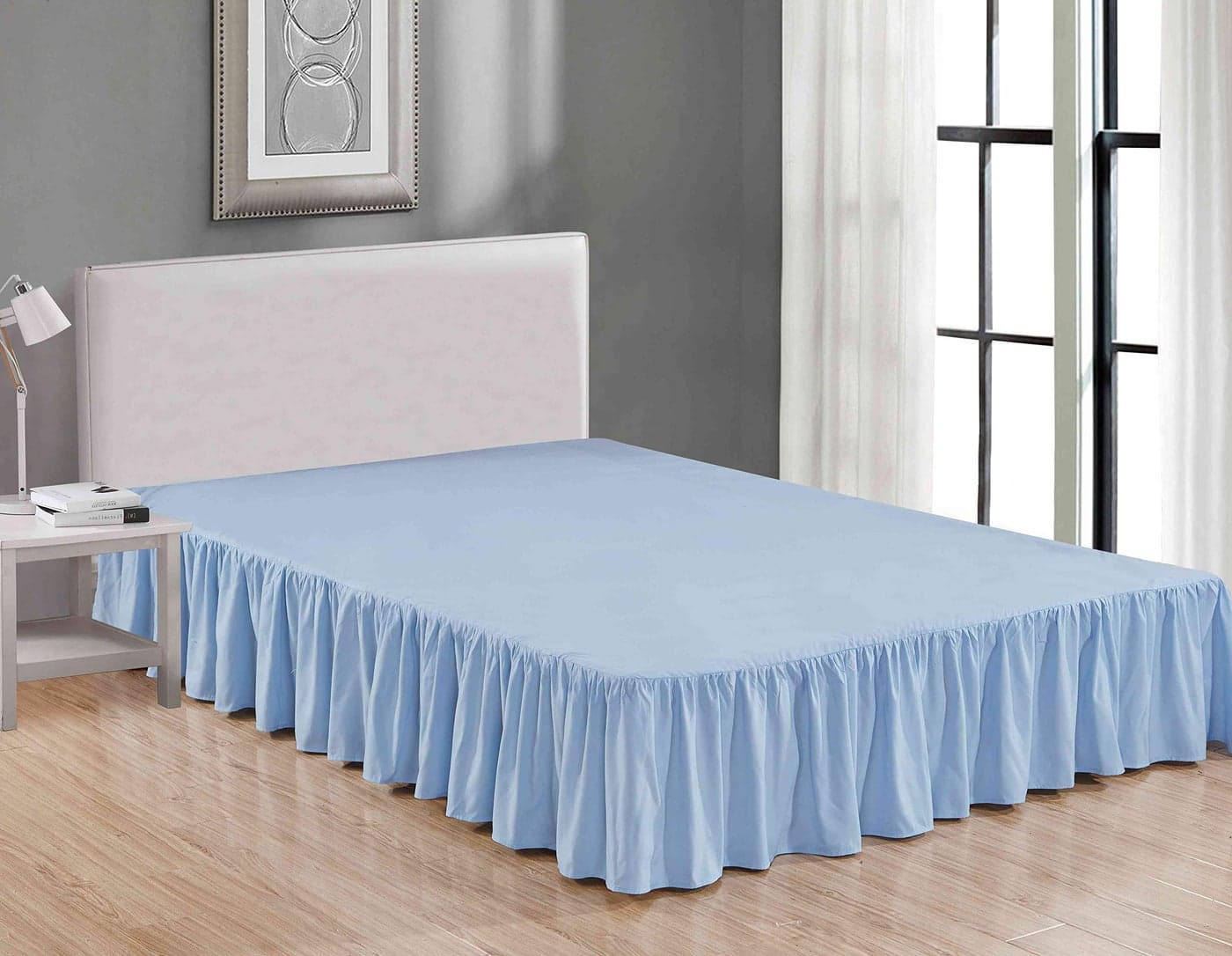 Sheets & Beyond Wrap Around Solid Microfiber Luxury Hotel Quality Fabric Bedroom Gathered Ruffled Bedding Bed Skirt 14 Inch Drop (King, Light Blue)