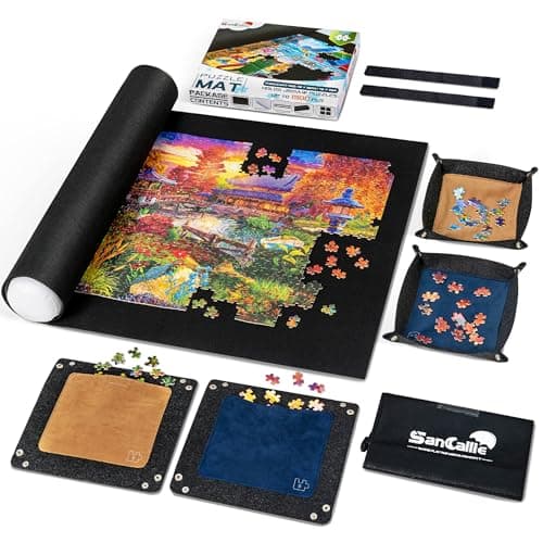 Sancallie Large Puzzle Mat Roll Up Jigsaw Storage 46x26 Felt Mat Jigroll Up to 1500 1000 500 Pieces with 4 Puzzle Trays Material for Jigsaw Puzzle Player Box with Drawstring Storage Bag