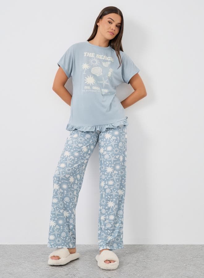 Graphic Print Ruffle Hem T-Shirt and Pyjama Set