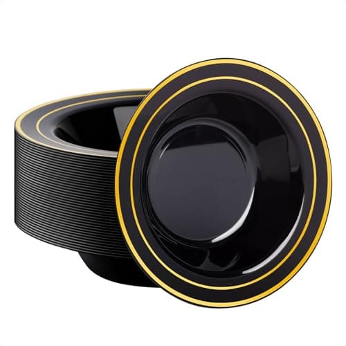 Goodluck 50 Pack Black Plastic Bowls with Gold Rim, 12oz Disposable Soup Bowls, Heavy Duty Dessert Bowls for Weddings, Parties, Dinners, Catering, and New Year