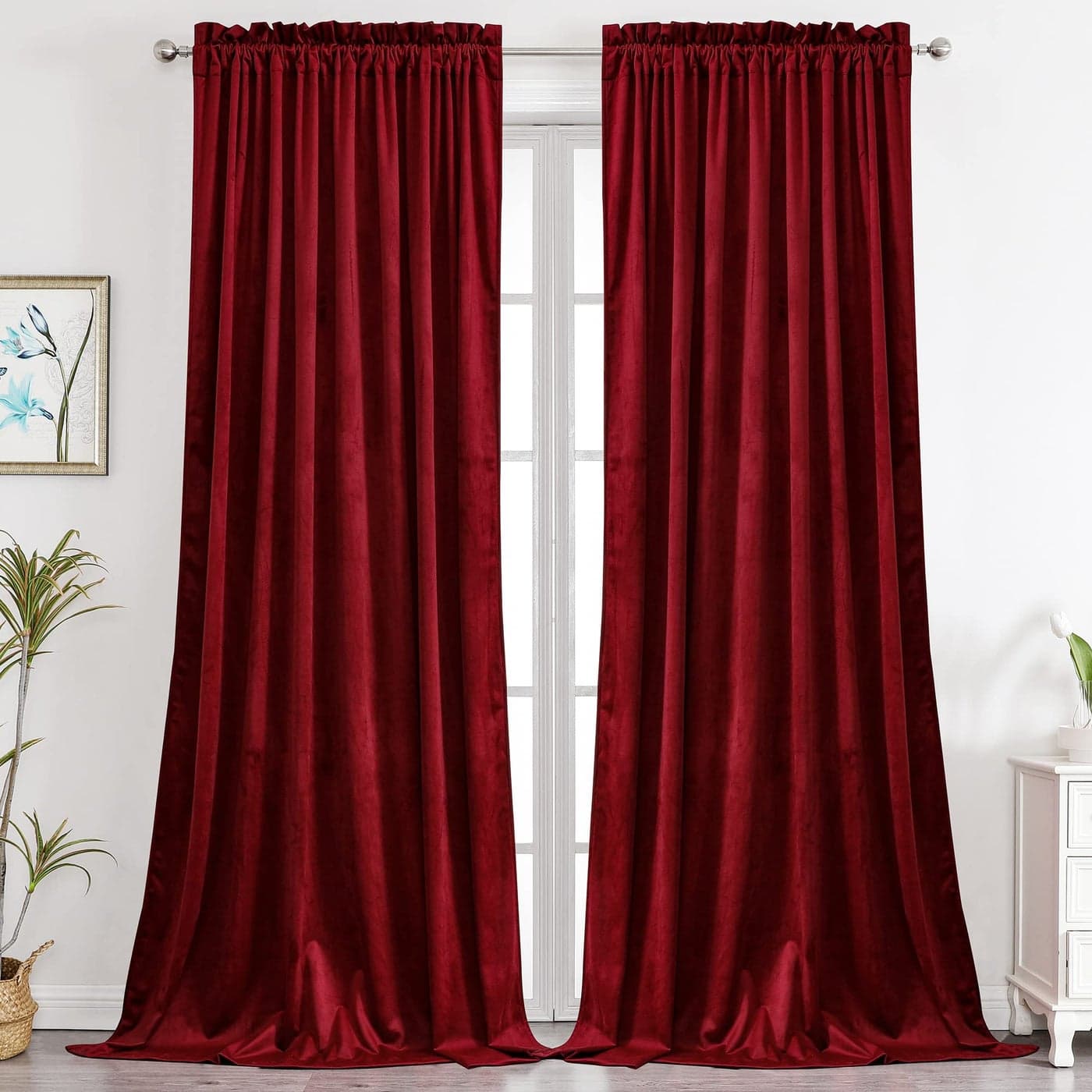 Benedeco Red Burgundy Velvet Curtains for Bedroom Window Super Soft Luxury Drapes Room Darkening Thermal Insulated Rod Pocket Curtain for Living Room W52 by L96 inches 2 Panels
