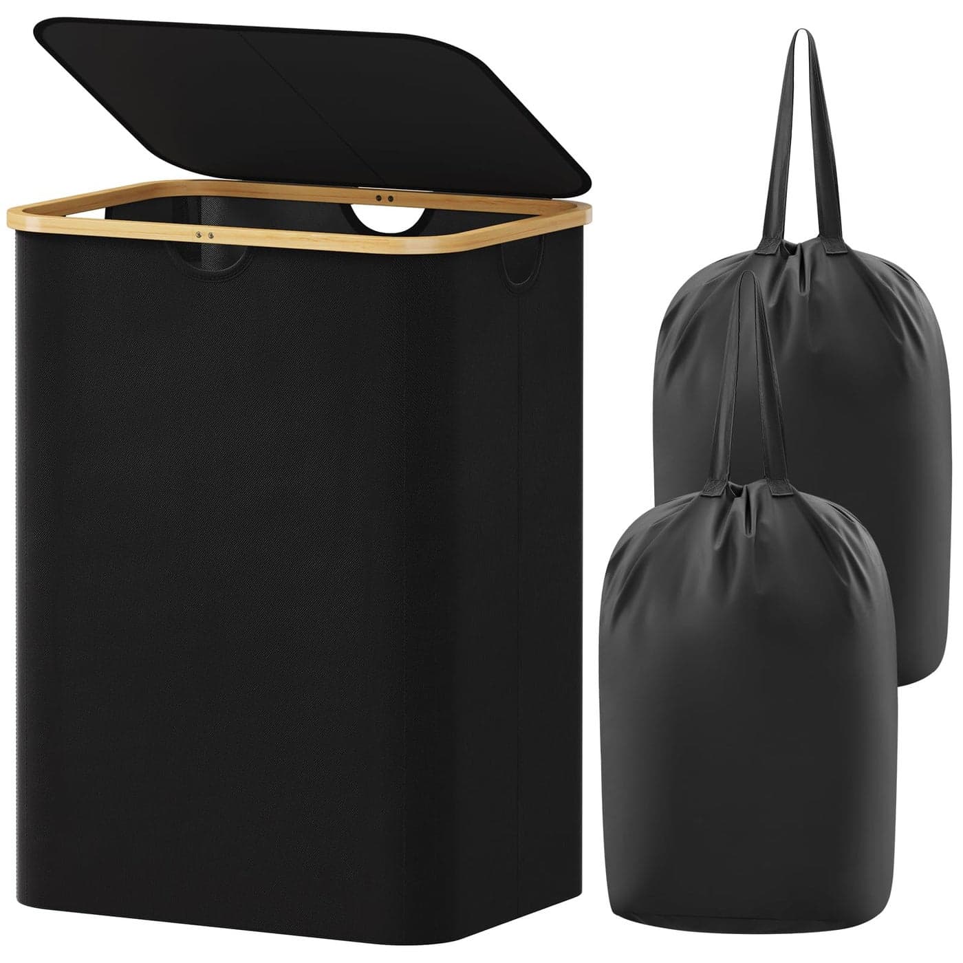 Lifewit 150L Laundry Basket with Lid Clothes Hampers with Bamboo Handles and 2 Removable Bags Large Foldable Laundry Hamper for Bedroom Bathroom Dorm Black