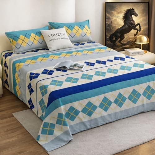 VOMZER Premium Cotton Feel Flat Bedsheet for Double Bed King Size – 300 TC Premium Flat Bedsheet for King Size Bed – Double Bed Bedsheet with 2 Pillow Covers Blue Box