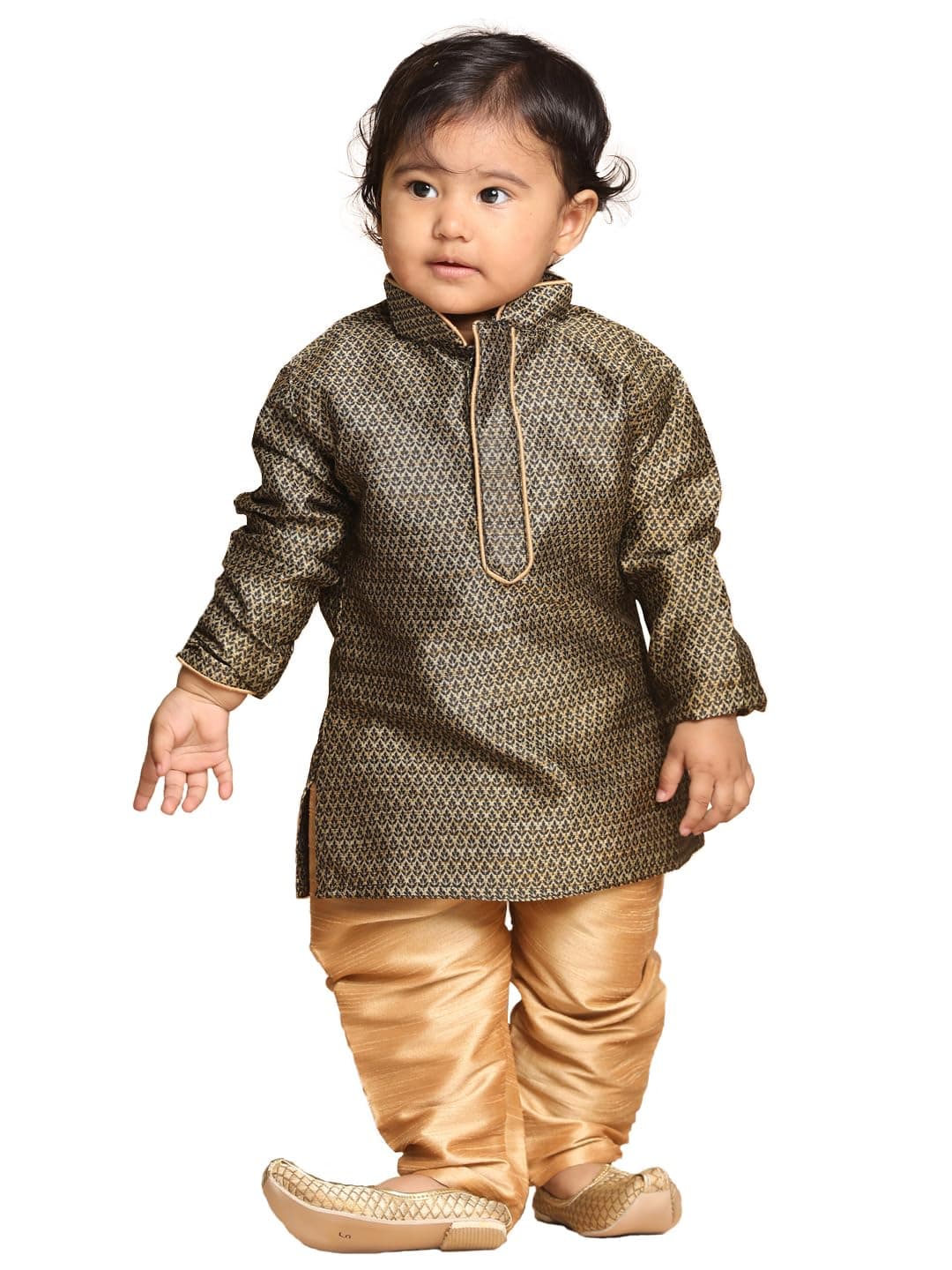 VASTRAMAY Infant Boys Black and Rose Gold Silk Blend Kurta Pyjama Set_VSHISBK047BLnPRG_18
