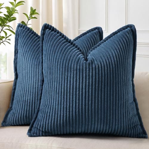 decorUhome Summer Corduroy Navy Blue Euro Sham Throw Pillow Covers 22x22 Set of 2 Decorative Soft Boho Farmhouse Couch Pillow Covers for Living Room Bed Sofa Broadside Striped Pillow Cases