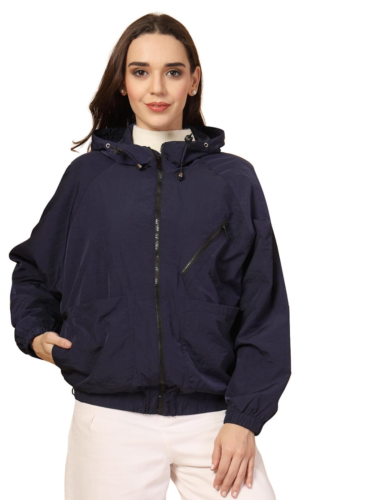 CHKOKKO Womens Stylish Oversized Windcheater Jacket with Zip Closure Lightweight Sportswear for Running Travel Hiking Outdoor and Rainy Season Wear Navy L