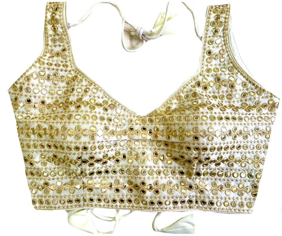 Vihu Fashion Womens Readymade Sweetheart Neck Sleeveless Mirror Saree Blouse.(Paper Foil White_38)
