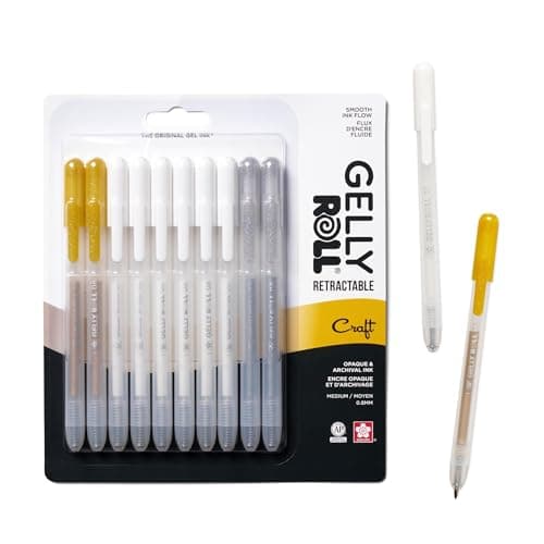 SAKURA Gelly Roll Retractable Gel Pens Colored Opaque Color Set Medium Point Ink Pen for Journaling Art Calligraphy or Drawing White Gold Silver Ink 10 Pack