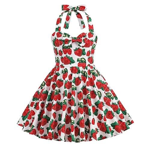 Vintage 1950s Dress Pattern Flower Girl Retro 1950s Dresses Kids A line Swing Gown Girls Halter Dress Casual Sundress for Casual Summer Party Dresses School Dance Red Strawberry 9-10 Years