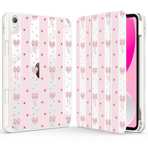 Supveco Cute Case for iPad A16 11th Generation 11 inch (2025),iPad 10th Generation 10.9 inch (2022),Clear Trifold Stand Protective Cover with Pencil Holder,Auto Wake/Sleep, Pink-Bow