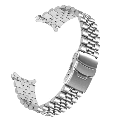 YISIWERA 22mm Stainless Steel Watch Band, 5 Beads Metal Watch Strap for Men Women, Curved End Watch Jubilee Bracelet with Double FlipLock Buckle Silver