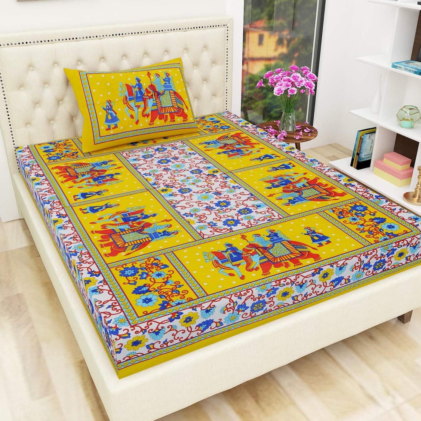 EarlyMart Comfort Rajasthani Jaipuri Traditional Sanganeri Print 144 TC Cotton Single Size Bed Bedsheet with 1 Pillow Cover Single_Bedsheet0027