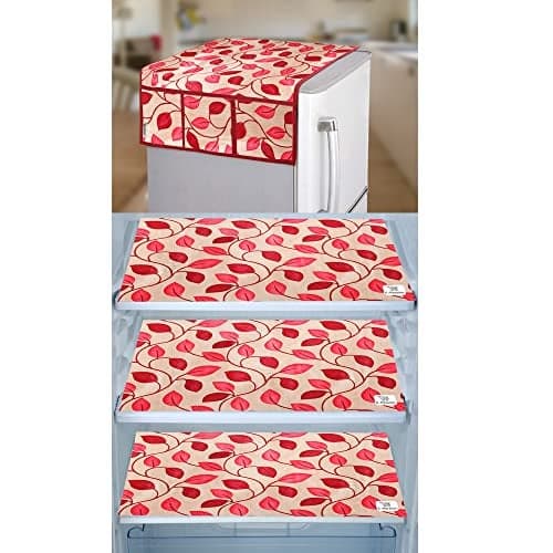 E-Retailer® Polyester 3-Layered Fridge Top Cover/Refrigerator Cover With Utility Pockets and Set of 3 Pc Fridge Mats (Color-Leaf Red, Size-39x21 Inch)