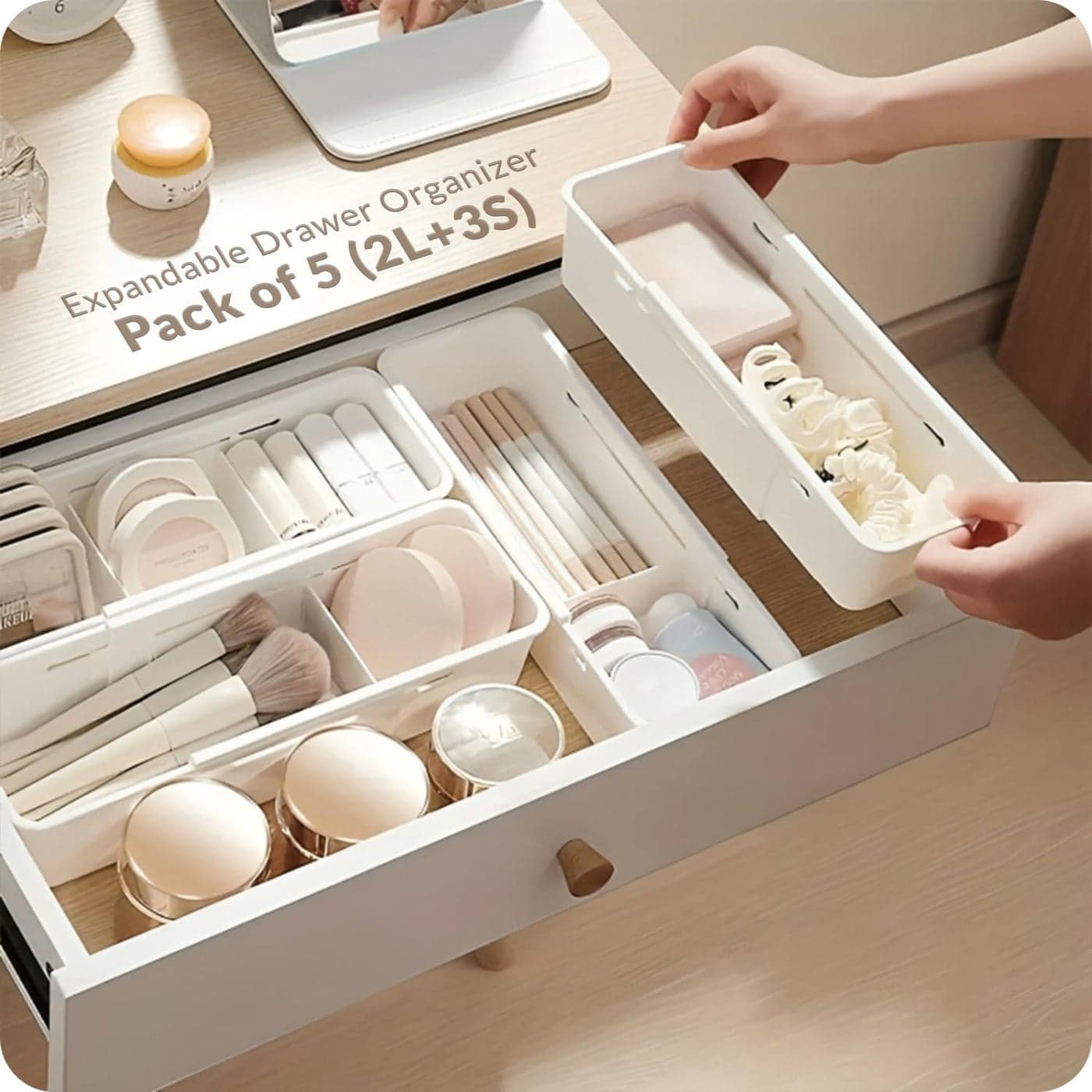 LIVINGBASICS 2 Large 3 Small Expandable Drawer OrganizerDrawer Organizer TrayDrawer DividerExpandable Drawer TrayAdjustable Storage Organiser White PPCP Plastic