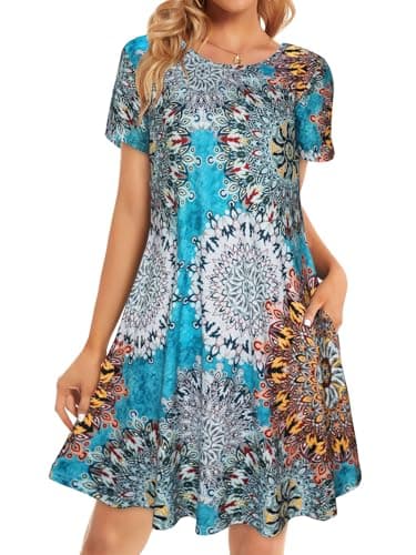 Boho Dresses for Women Summer Spring Sun Beach Tshirt Tie Dye Short Sleeves with Pocket(Bohemian Blue,M)