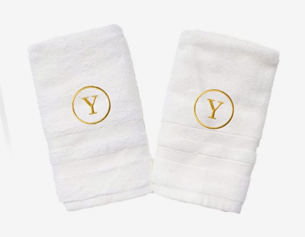 Mrunals Fashion Hand Towel with Alphabet Embroidery Pack of 2 Golden Embroidery 150 GSM Size 16 W X 27L inch Towel Color White Golden Embroidery Y
