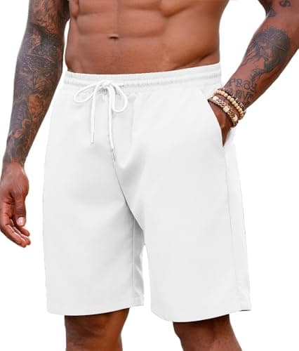COOFANDY Men’s Casual Shorts 9" Inseam Lightweight Elastic Waist Drawstring Summer Beach Shorts with Pockets, White, X-Large