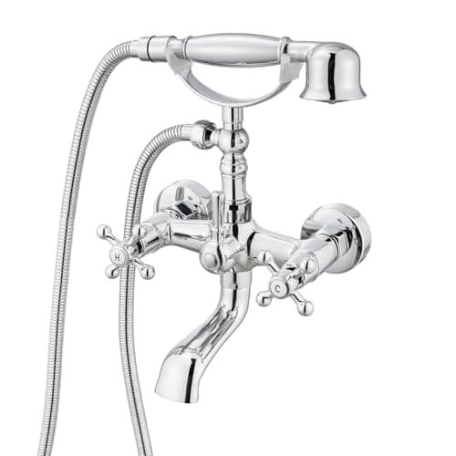 gotonovo Wall Mount Clawfoot Bathtub Faucet with HandHeld Spray and 360° Double Cross Handle Swivel Spout Vintage Tub Shower Faucet Set with Adapter Adjustable Swing Arms Polish Chrome