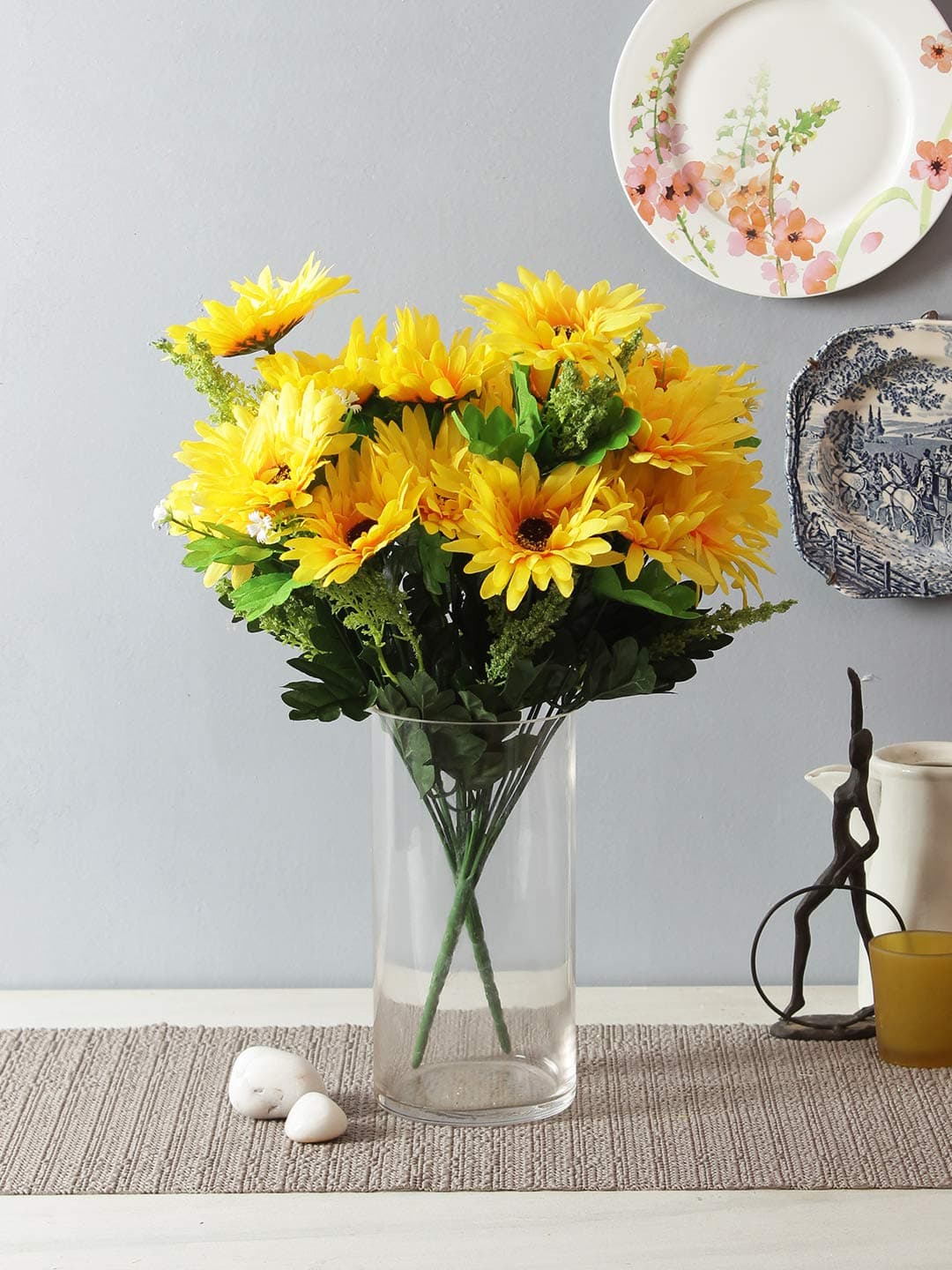 Fourwalls Beautiful Decorative Artificial Garabara Flower Bunches for Home décor (48 cm Tall, 10 Heads, Set of 2, Yellow)